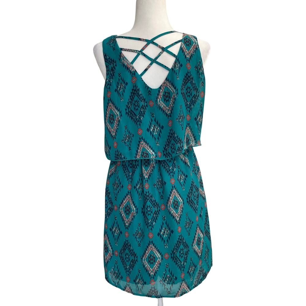 Western Teal Aztec Layered Dress XL Boho Criss Cross Back Cowgirl-Festival